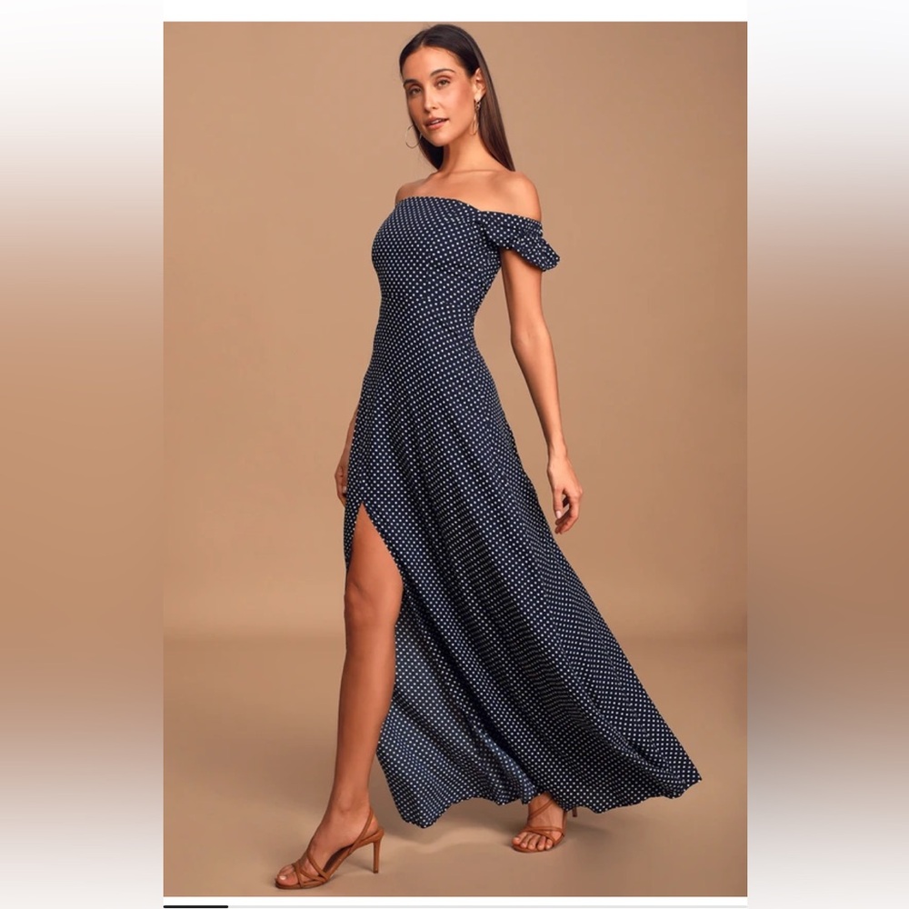 Lulu's Blue and White Polka Dot Off the Shoulder Maxi Dress